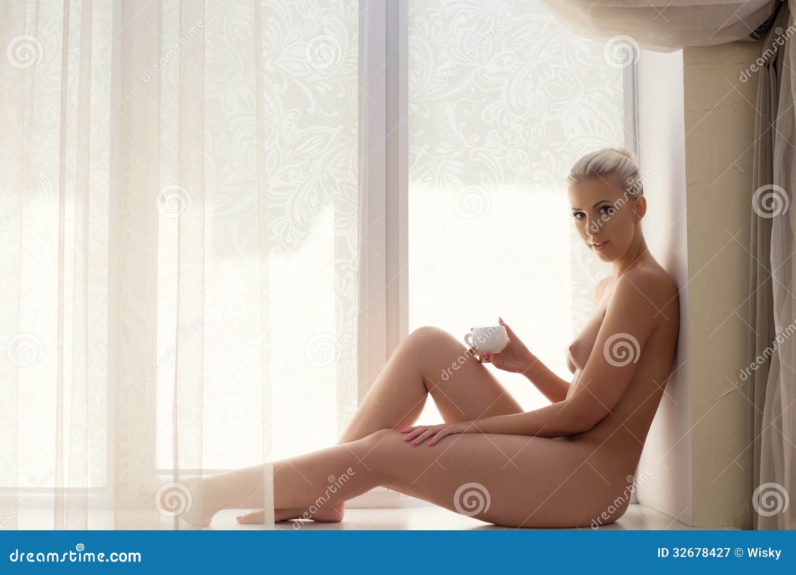 morning Naked woman coffee drinking